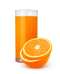 Glass of orange juice isolated on white background, fresh citrus cocktail