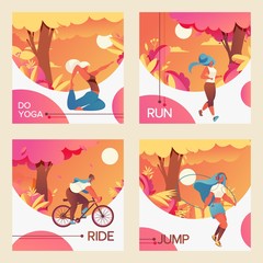 Vector square cards with young girls riding bycicle, doing youga, jumping with skipping rope and jogging. Vivid colors drawn with gradients and vivid greenery. Sport healthy lifestyle collection