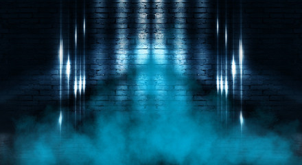 Background of an empty dark room with brick shades, illuminated by neon lights with laser beams, smoke