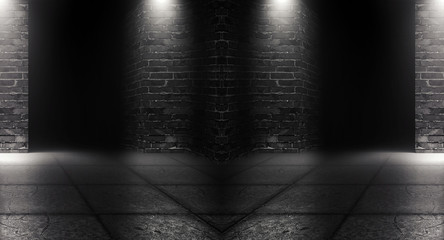 Background of an empty corridor with brick walls and concrete floor. Spotlight, smoke, neon light