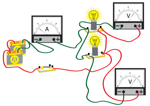 An electrical circuit consisting of parallel connected consumers, voltmeters for measuring the voltage and ammeter for measuring the amperage.