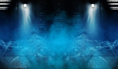 Background of an empty building with brick walls, illuminated by spotlights. View of open elevator doors. Neon light smoke.