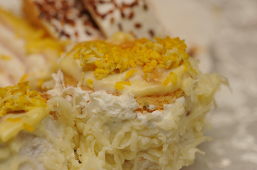 .A deliciously salty appetizer with cheese served on a plate. Tasty meal served on a plate.