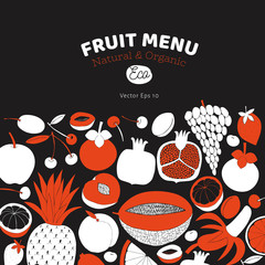 Scandinavian hand drawn fruit design template. Monochrome graphic. Fruits background. Linocut style. Healthy food. Vector illustration