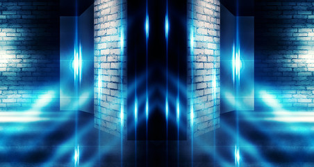 Background of empty dark room with brick walls, illuminated by neon lights with laser beams, smoke