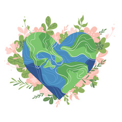 Planet earth in the shape of a heart with plants and flowers.