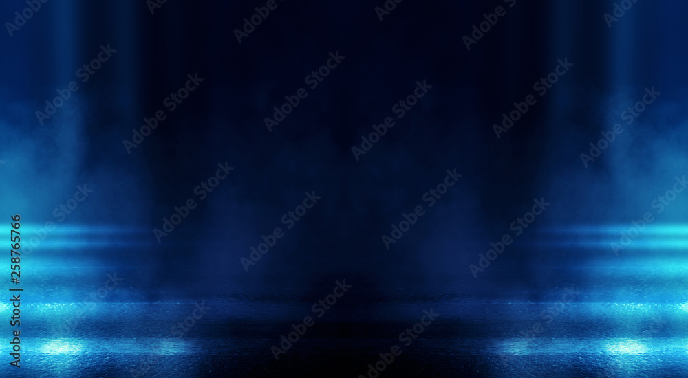 Poster Background of empty dark room with rays of light. Concrete floor with light reflection. Smoke, neon blue light