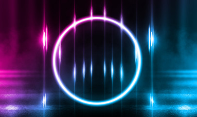 Background of empty stage, room. Reflection on wet pavement, concrete. Neon blurry lights. Neon circle figure in the center, smoke
