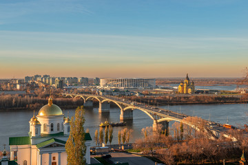 Cityscape and the bridge across river. Nizhny Novgorod, Russia
