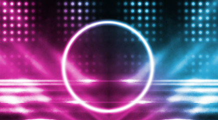 Background of empty stage, room. Reflection on wet pavement, concrete. Neon blurry lights. Neon circle figure in the center, smoke