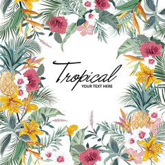 Fototapeta na wymiar Summer Bright tropical background with jungle plants. Exotic leaves with tropical botanical. Vector illustration design