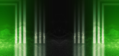 Background of empty scene with concrete floor, neon lights and smoke. Background trend color ufo green