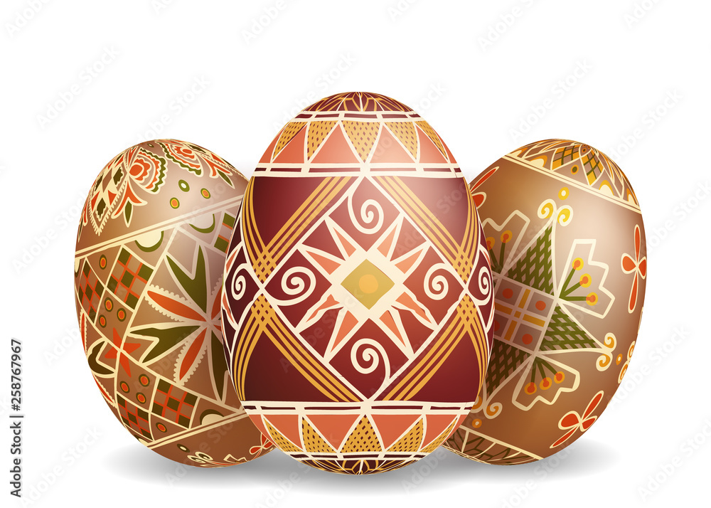 Wall mural Pysanky easter eggs isolated on white. Traditional ukrainian easter eggs.