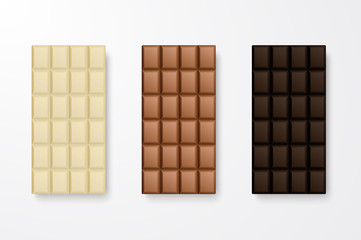 Vector 3d Realistic White, Milk and Dark Black Chocolate Bar Icon Set Closeup Isolated on White Background. Design Template. Top View