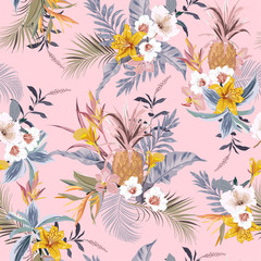 Sweet vintage pastel  tropical forest exotic colorful flowers bird of paradise ,hibiscus,lily , palm leaves  seamless vector pattern,design for fashion,fabric,wallpaper,web and all prints prints