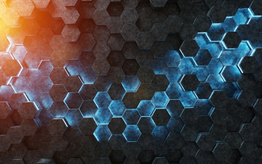 Black blue and orange hexagons background pattern 3D rendering