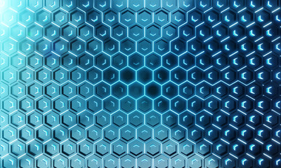 Fototapeta na wymiar Glowing black and blue hexagons background pattern on silver metal surface 3D rendering