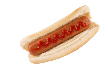 Close up on hot dog with ketchup on top, isolated on white background. Cut out.