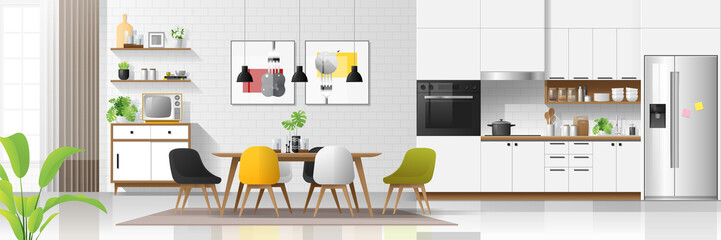 Modern house interior background with kitchen and dining room combination , vector , illustration - obrazy, fototapety, plakaty