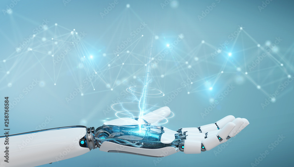 Aufkleber white robot hand using digital network connection 3d rendering