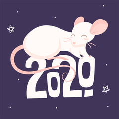 Pink rat is sitting on the text 2020 on a purple background