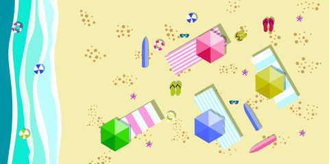 Summer sunny beach with umbrellas. Sea waves Top view. Travel, vacation, holidays concept. 