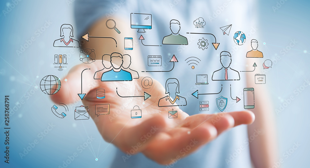 Poster businessman using thin line social network icons interface