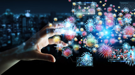 Businesswoman analyzing bacteria microscopic close-up 3D rendering