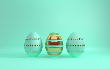 Pastel green and glossy golden easter eggs on green background. 3d render, digitally generated template. Happy Easter big hunt or sale banner