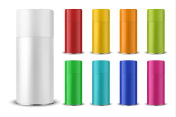 Vector 3d Realistic Colorful Blank Spray Can, Spray Bottle with Cap Set Closeup Isolated on White Background. Design Template of Sprayer Can for Mock up, Package, Advertising, Hairspray, Deodorant etc