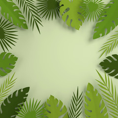 Tropical paper palm leaves frame. Summer tropical green leaf. Origami exotic hawaiian jungle foliage, summertime background. Paper cut. Minimal style. 3d render