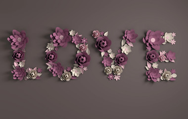 3d render text LOVE made of paper flowers and leaves on dark background. Modern paper art design...