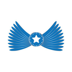 Blue wings emblem with star in circle. Angel wings with star vector eps10.