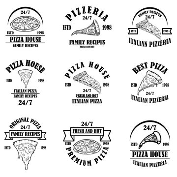 Set of pizza house emblems. Pizzeria labels. Design element for logo, sign, poster, card.