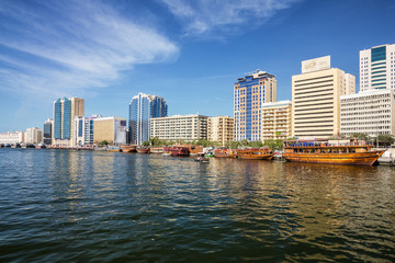 Fototapeta na wymiar Dubai, UAE: Deira skyscrapers on Dubai Creek.