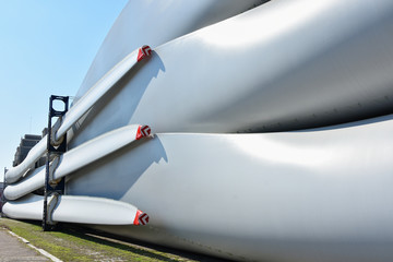 Industrial background. Wind turbines close up