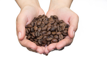 Heap of coffee beans in the palms on a white background