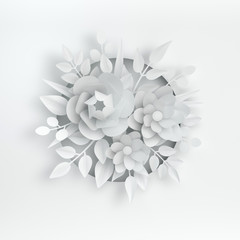 Paper elegant white flowers and leaves on white background. Valentine's day, Easter, Mother's day, wedding greeting card. 3d render digital spring or summer flowers illustration in paper art style.