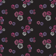 Seamless pattern with abstract flowers on black background.
