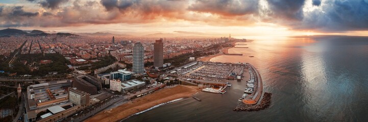 Barcelona Coast aerial sunrise view - obrazy, fototapety, plakaty