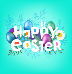 Fototapeta premium Happy Easter greeting card with comic style inscription. Vector layered illustration