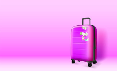 Plastic suitcase on violet background. Copyspace. Vector illustration