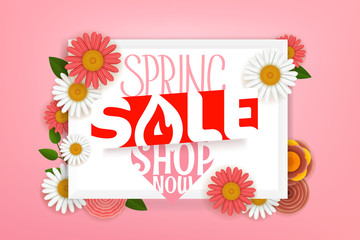 Obraz premium Spring sale advertising banner. Vector lettering shopping banner with flowers
