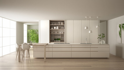 White minimalist kitchen in eco friendly apartment, island, table, stools and open cabinet with accessories, big window, bamboo and hydroponic vases, parquet , interior design idea