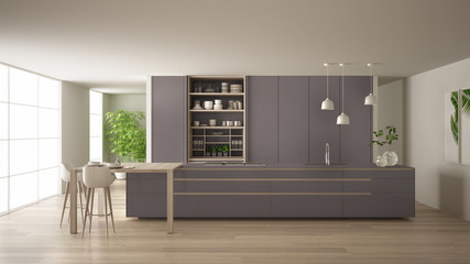 White and purple minimalist kitchen in eco friendly apartment, island, table, stools and open cabinet with accessories, window, bamboo, hydroponic vases, parquet , interior design idea