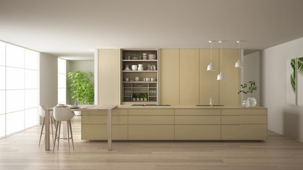 Fototapeta premium White and beige minimalist kitchen in eco friendly apartment, island, table, stools and open cabinet with accessories, window, bamboo, hydroponic vases, parquet , interior design idea