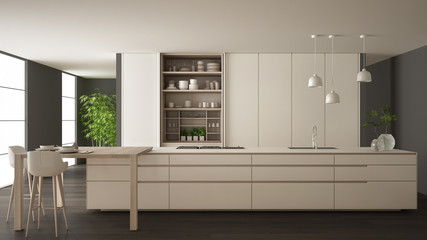 White and gray minimalist kitchen in eco friendly apartment, island, table, stools and open cabinet with accessories, window, bamboo, hydroponic vases, parquet , interior design idea