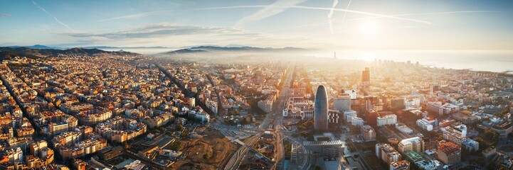 Barcelona skyline aerial view - obrazy, fototapety, plakaty