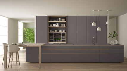 White and purple minimalist kitchen in eco friendly apartment, island, table, stools and open cabinet with accessories, window, bamboo, hydroponic vases, parquet , interior design idea