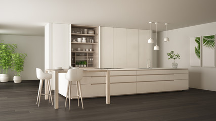 White and gray minimalist kitchen in eco friendly apartment, island, table, stools and open cabinet with accessories, window, bamboo, hydroponic vases, parquet , interior design idea